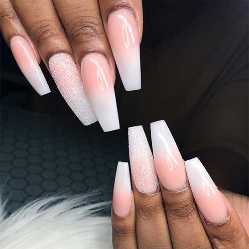 Long french ombre nails dip powder with sugar glitter accent nail