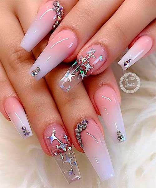 Outstanding French ombre long nails coffin shaped set adorned with rhinestones - ombre french manicure