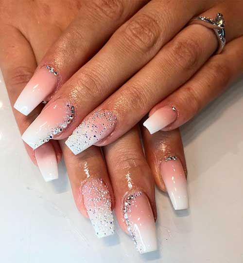 Smoky Pink to White French Ombre Nails with glitter and rhinestones that suit bride occasion!