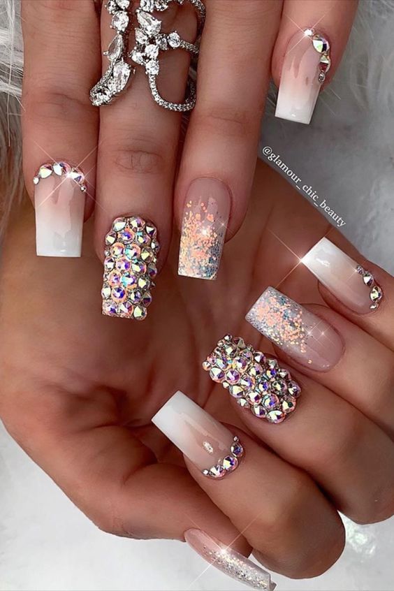 ombre nails with diamonds and glitter