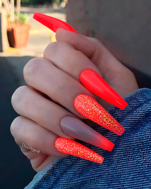 Amazing coffin shaped neon orange nails with glitter in 2019