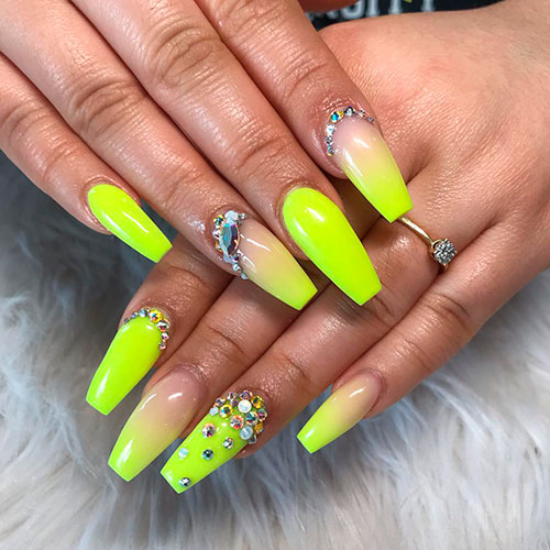 Coffin shaped neon yellow ombre nails with crystals for summer 2019