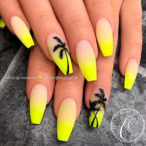 Cute Matte Neon Yellow Ombre with Palm Trees on Coffin Shaped Nails Design