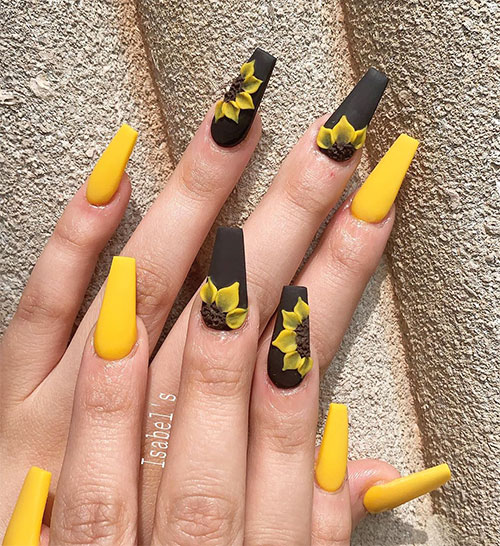 Cute coffin shaped yellow nails with a sunflower on black nails for summer 2019
