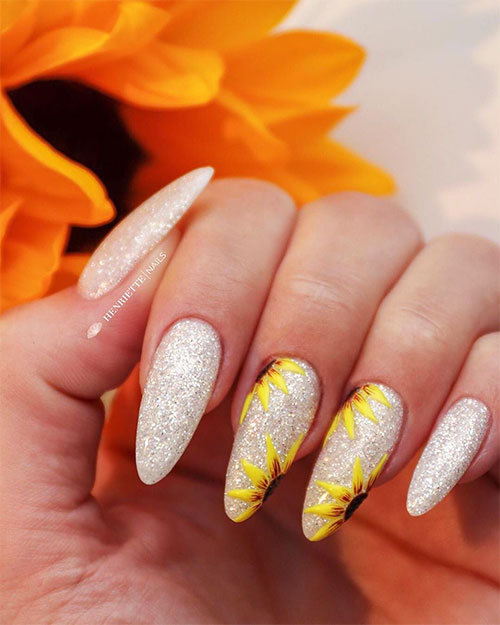 Cute glitter almond sunflower nail idea for summer 2019