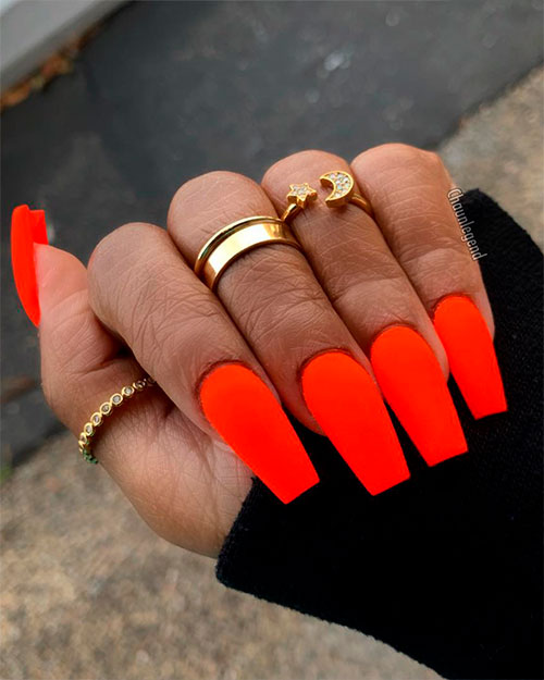 Cute neon orange nails matte coffin shaped long for summer 2019