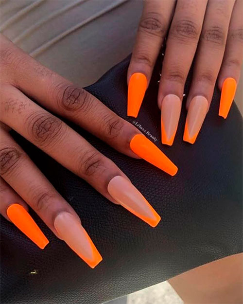 Cute neon orange nails on dark skin in summer 2019