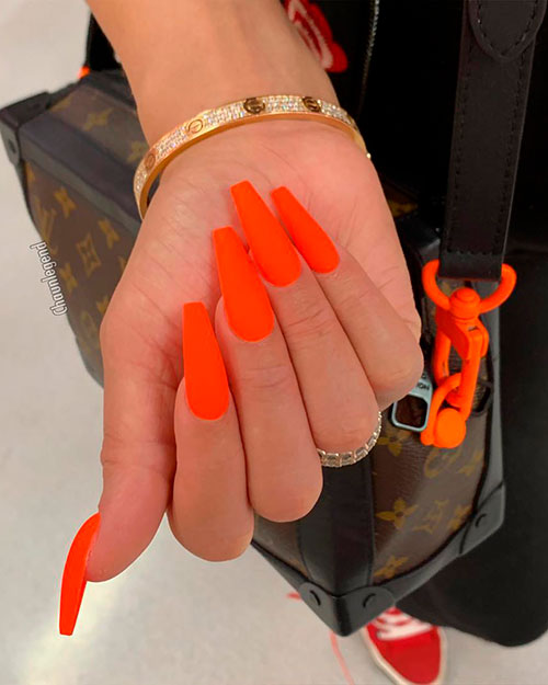 Gorgeous neon orange nails matte long coffin shaped type for summertime in 2019
