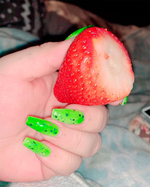 Long coffin shaped slime green nails with glitter for summer 2019