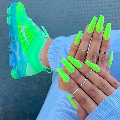 Neon slime green long coffin shaped fun summer nails color in 2019