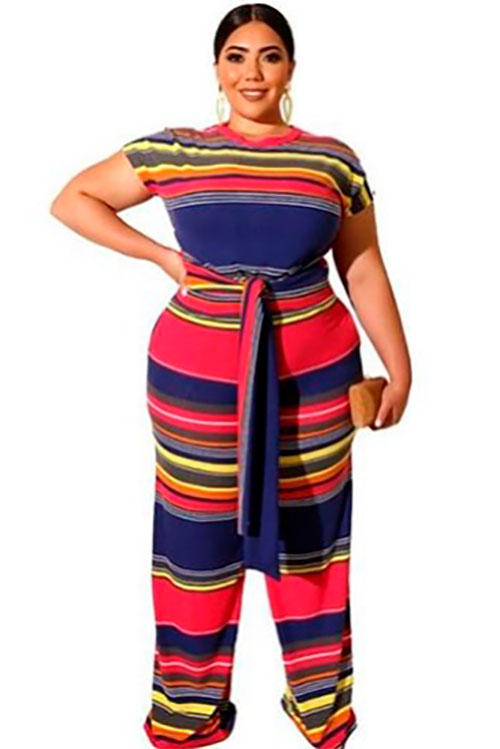 Amazing Plus Size Rainbow Striped Jumpsuit with Short Sleeve Shirt and Wide Leg Pants for summer 2019