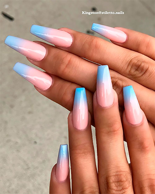 Amazing blue ombre coffin nails for summertime in 2019