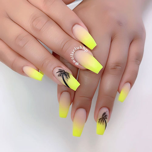 Amazing yellow ombre nails coffin shaped with an accent palm nail for summer 2019