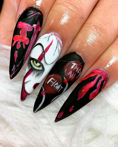 Amazing clown Halloween stiletto nails 2019 is creepy Halloween nails 2019