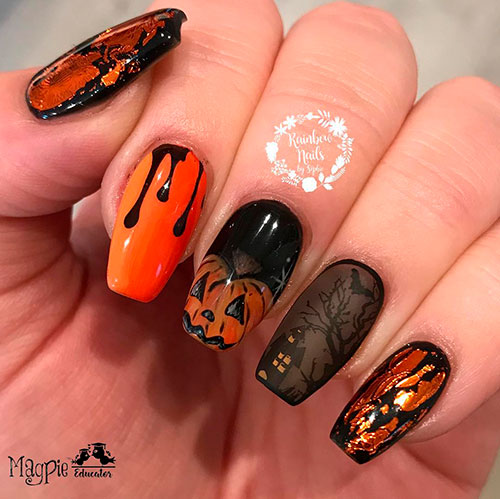 Coffin-shaped creepy Pumpkin Halloween nails 2019 are best Halloween nail ideas to try and wear