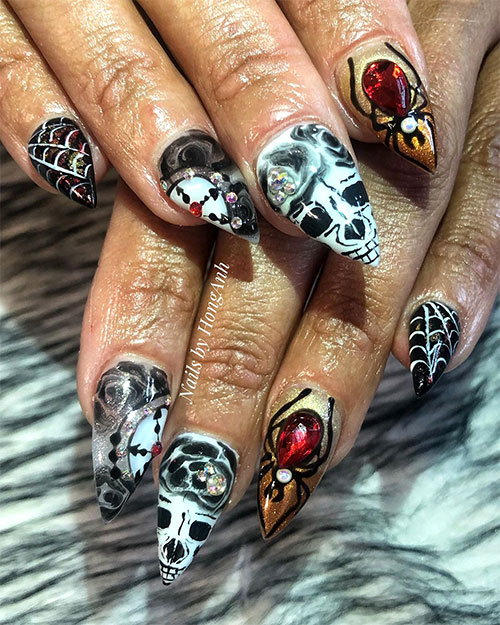 Cute short stiletto Halloween nail art design 2019, creepy Halloween nails