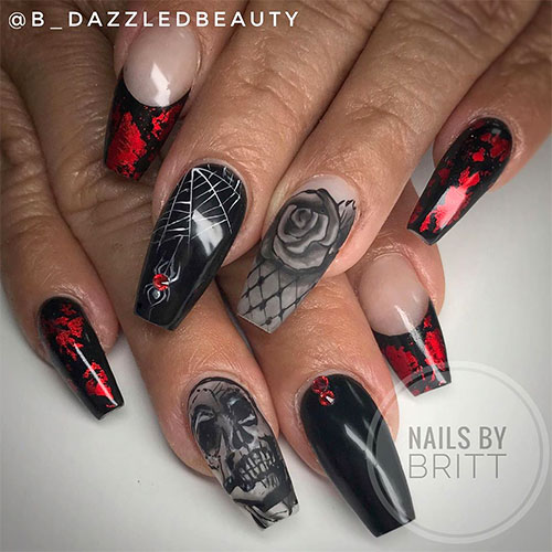 Halloween nail art coffin shape 2019 Coffin Halloween nails 2019 consists of black nails with red foils, skull coffin nails, and skull coffin nails