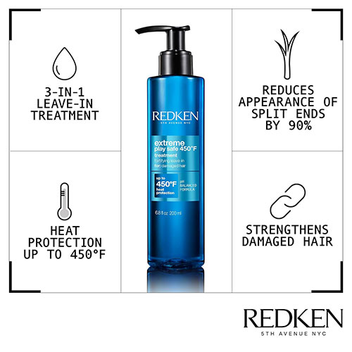 Multi benefit Redken treatment, leave in conditioner, and heat protectant spray for hair that repairs hair damage