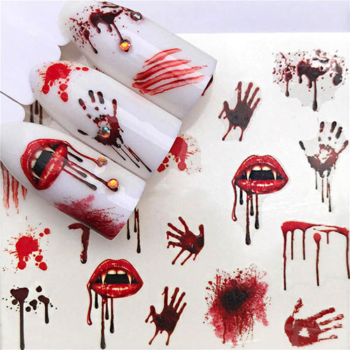 Vampire Halloween nail art stickers on white nails 2019, bloody Halloween nails
