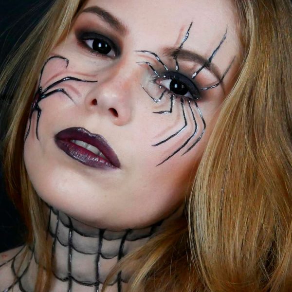 Spooky spider web makeup on cheek which is 3d spider makeup for Halloween 2019 - Halloween makeup ideas