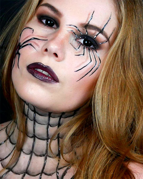 Spooky spider web makeup on cheek which is 3d spider makeup for Halloween 2019 - Halloween makeup ideas