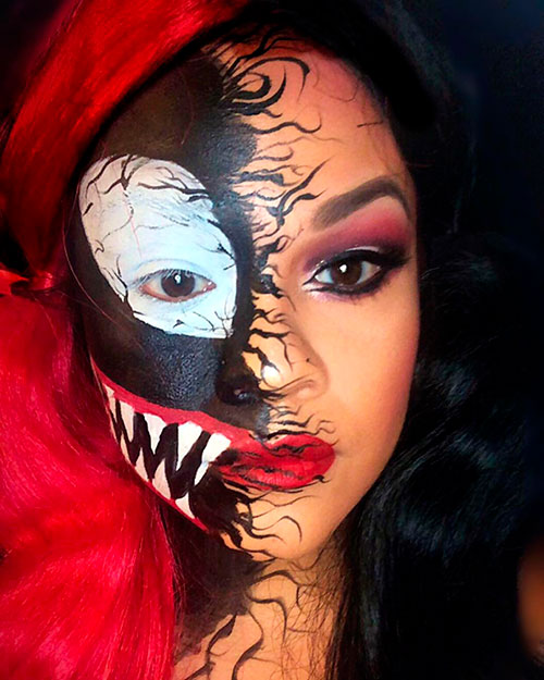 Spooky venom makeup half face for Halloween 2019 Half face Venom Halloween Makeup Ideas - venom face paint easy - simple venom face paint - venom face paint half face - venom half face paint