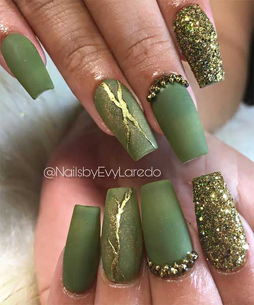 Beautiful olive green coffin shaped fall nails with gold foil, rhinestones and an accent gold glitter nails for Fall season!
