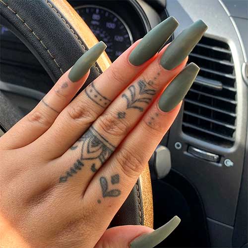 Cute matte olive green long coffin shaped fall nails set