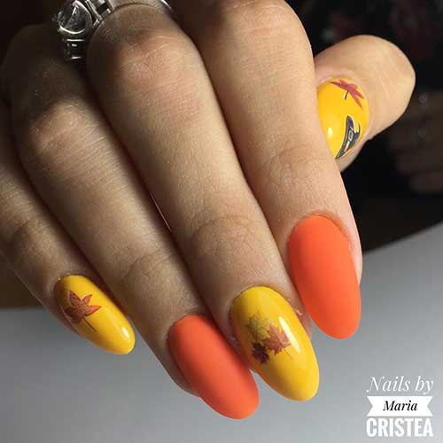 Cute matte orange fall nails with shiny yellow leafy nails design for fall 2019!