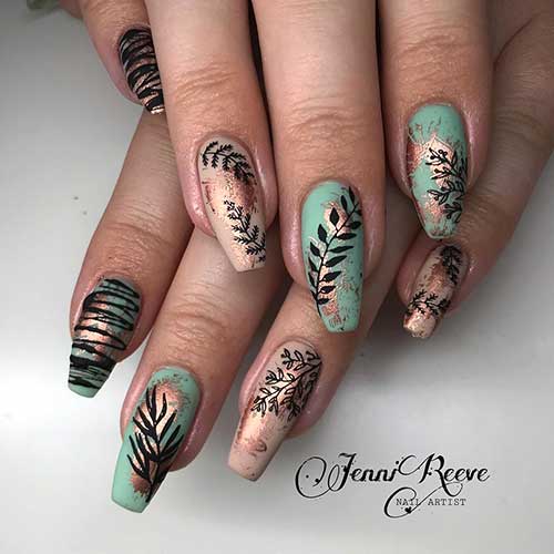 Gorgeous coffin shaped Fall nails 2019 design with black leaf nail art