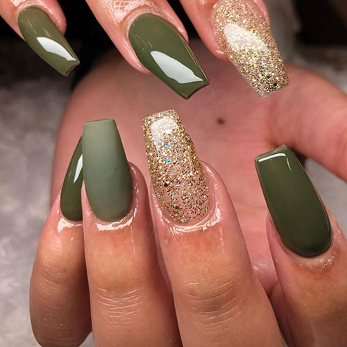 Shiny olive & matte olive green nails with an accent gold glitter nail for Fall 2019 Shiny olive & matte olive green fall nails with an accent gold glitter nail for Fall 2019