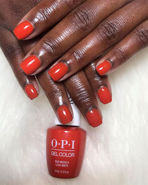Amazing OPI Gel Nail Colors, its copper-kissed orange gel nail polish Suzi Needs a Loch-smith, short burnt orange nails