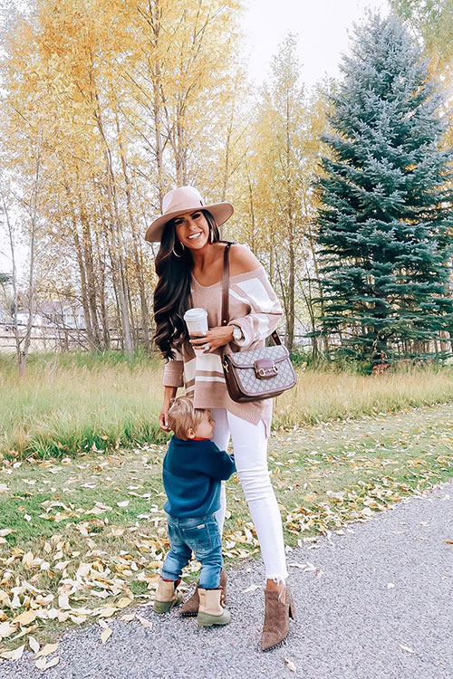 White pants, and ordinary boots with fall sweater outfit 2019, chic fall outfit ideas, and best fall outfits for women