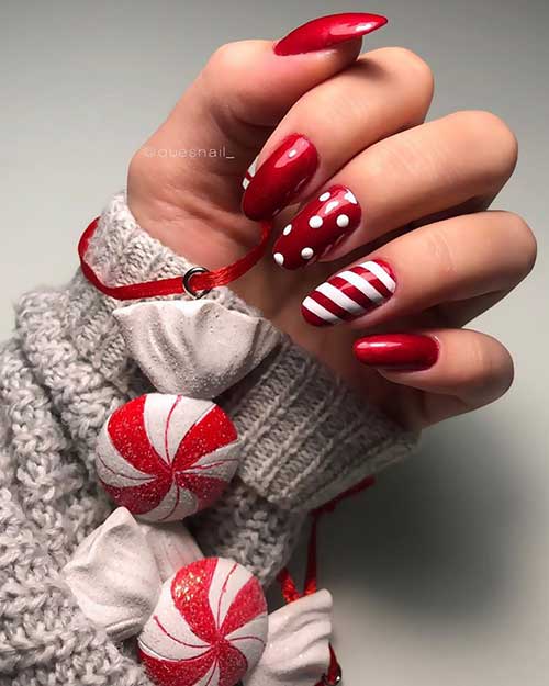 Classy almond red acrylic nails set for Christmas!