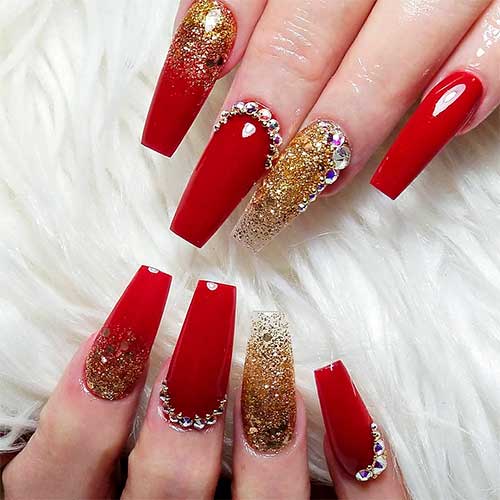 Beautiful red and gold glitter coffin nails with rhinestones!