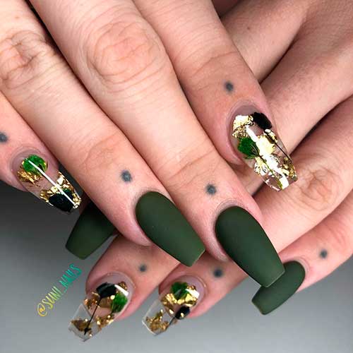 Cute Dark green matte nails with gold Foil design!