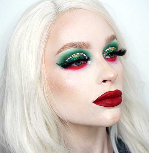 Cute candy cane and glitter green eyeliner on red and green Christmas makeup look 2019!