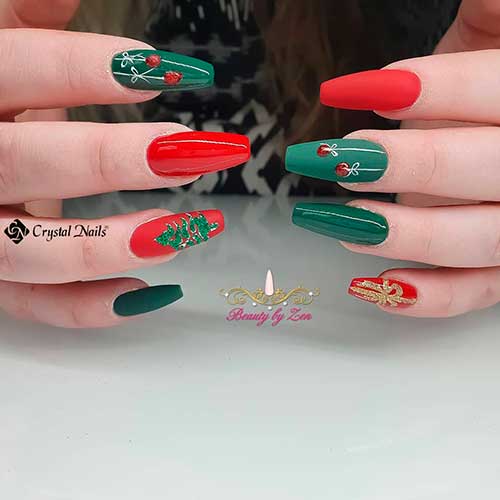 Cute coffin shaped dark green nails and red nails Christmas set!