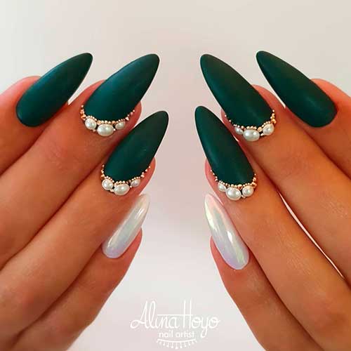 Cute dark green matte acrylic nails 2020 with accent pearl nail design!