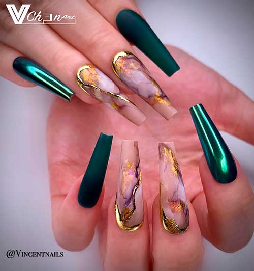 Cute long coffin shaped dark green chrome and matte nails with gold glitter marble nails set! 