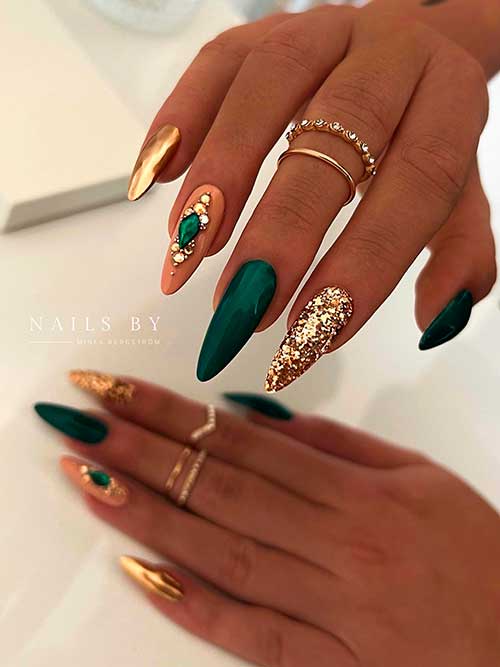 Dark Green Nails with Gold Accents