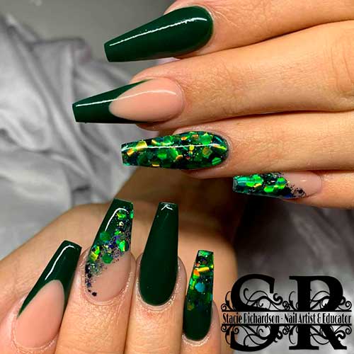 Dark green coffin shaped nails set with glitter and French tip nails!