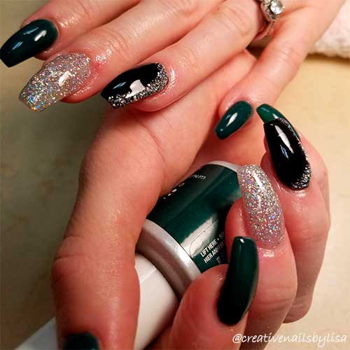 Green and black acrylic nails coffin shaped with silver glitter and accent glitter nail