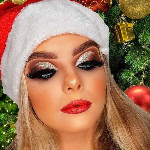 Lovely gold glitter eyes with red lips Christmas makeup look 2019