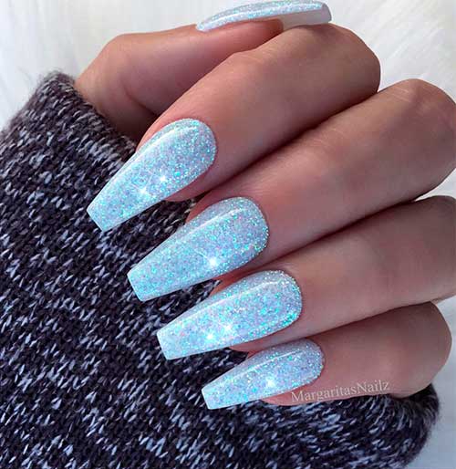 Perfect sparkle coffin shaped icy blue winter nails set!