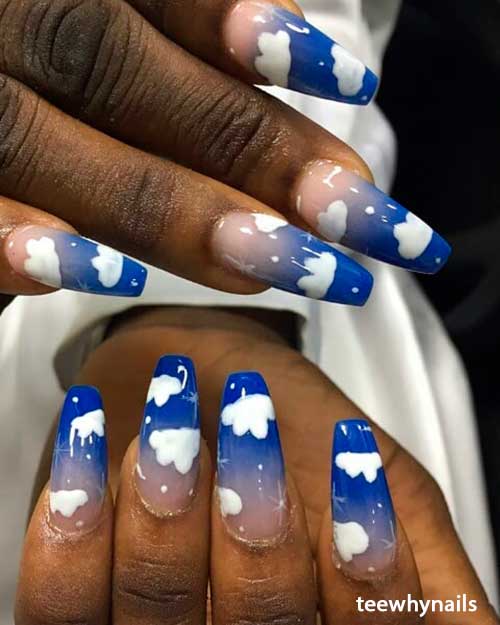 Blue ombre coffin shaped cloud nail art design!