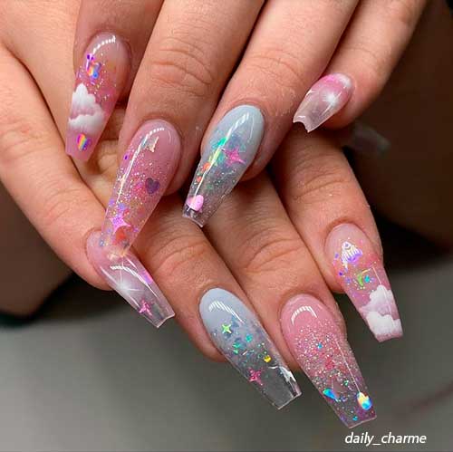 Cute sparkle coffin shaped clear cloud nails! Cute sparkle coffin shaped clear cloud nails! - cloud nails acrylic clear