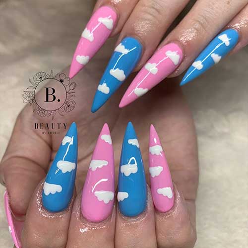 Cute stiletto cloud nails design consists of light blue and pink colors