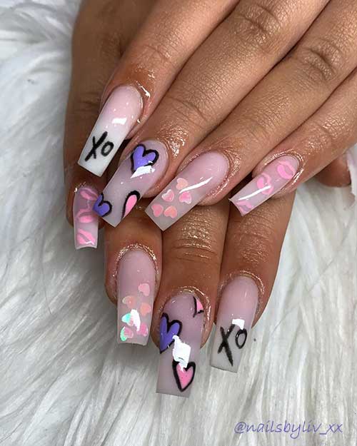 ombre nails coffin shaped with hearts and lips for valentines day