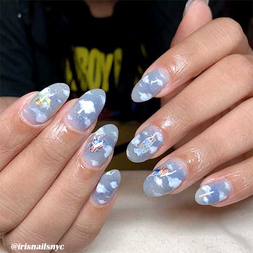 Gorgeous blue and light grey cloud nails set!